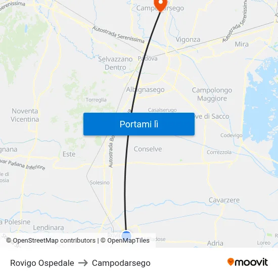 Rovigo Ospedale to Campodarsego map