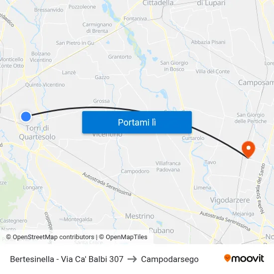 Bertesinella - Via Ca' Balbi 307 to Campodarsego map