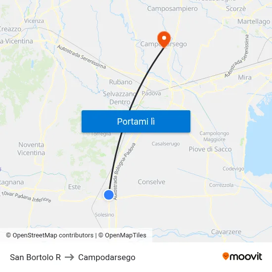 San Bortolo R to Campodarsego map