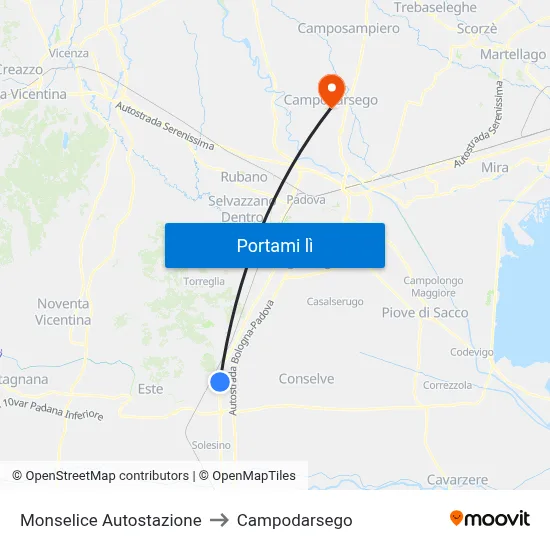 Monselice Autostazione to Campodarsego map