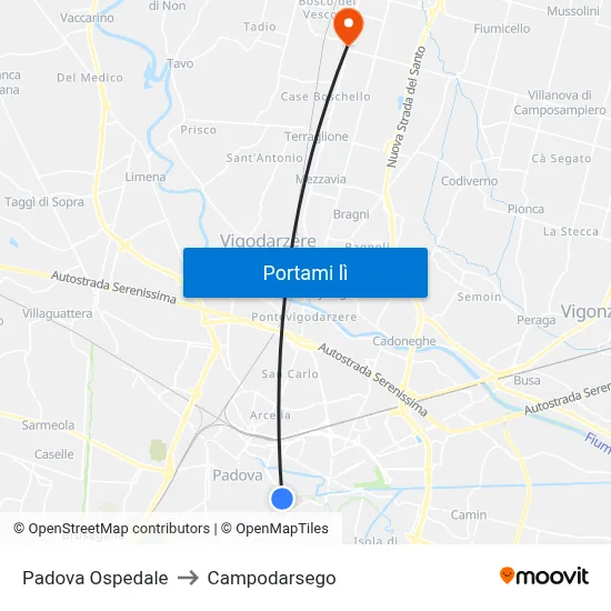 Padova Ospedale to Campodarsego map
