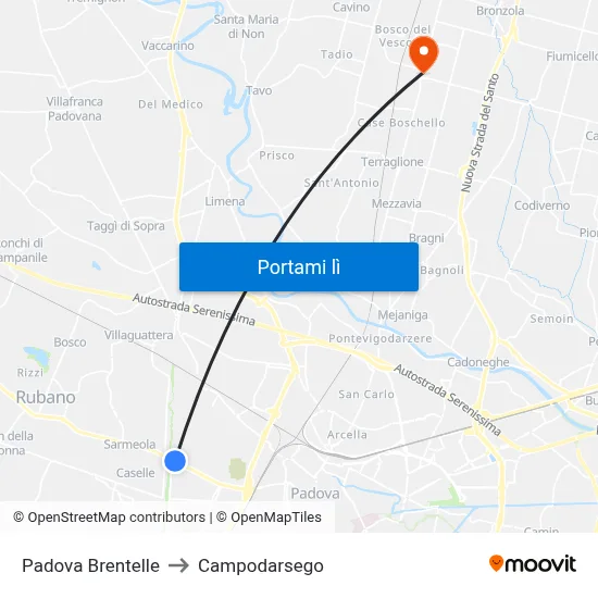 Padova Brentelle to Campodarsego map