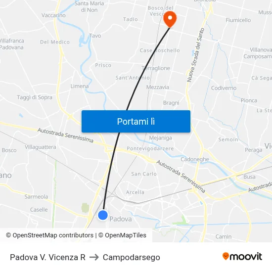 Padova V. Vicenza R to Campodarsego map