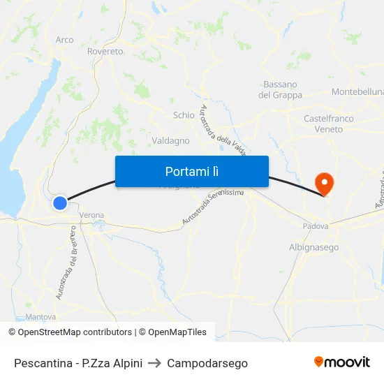 Pescantina - P.Zza Alpini to Campodarsego map