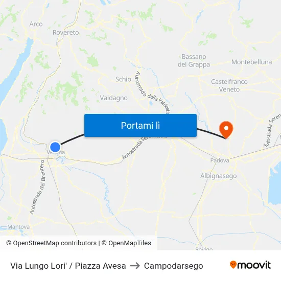 Via Lungo Lori' / Piazza Avesa to Campodarsego map