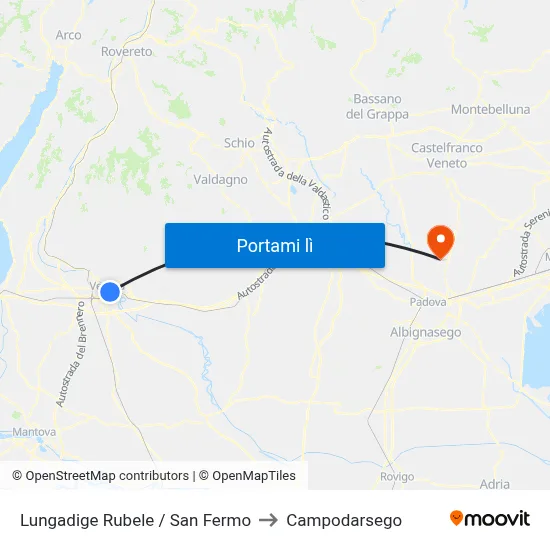 Lungadige Rubele / San Fermo to Campodarsego map