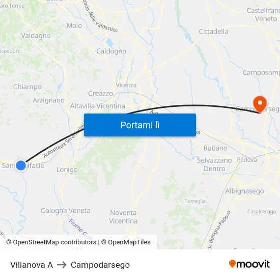 Villanova A to Campodarsego map