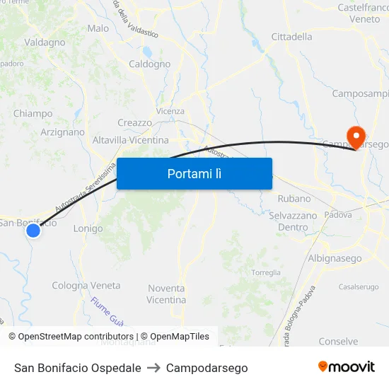San Bonifacio Ospedale to Campodarsego map
