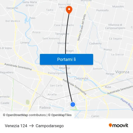 Venezia 124 to Campodarsego map
