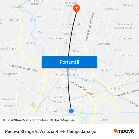 Padova Stanga V. Venezia R to Campodarsego map