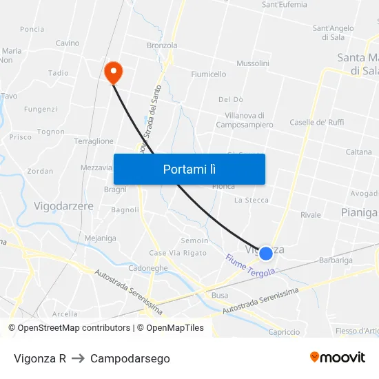 Vigonza R to Campodarsego map