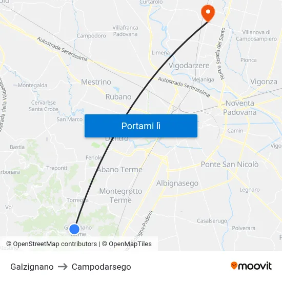 Galzignano to Campodarsego map