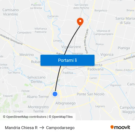 Mandria Chiesa R to Campodarsego map