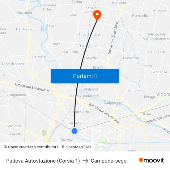 Padova Autostazione (Corsia 1) to Campodarsego map