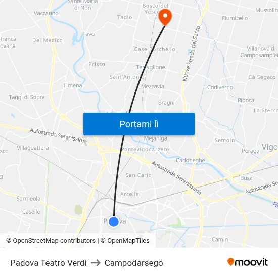 Padova Teatro Verdi to Campodarsego map