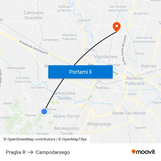 Praglia R to Campodarsego map