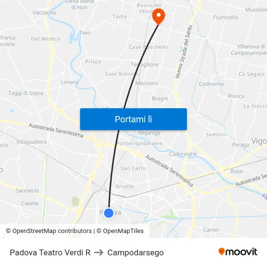 Padova Teatro Verdi R to Campodarsego map