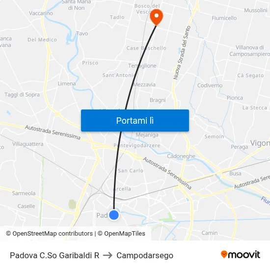 Padova C.So Garibaldi R to Campodarsego map