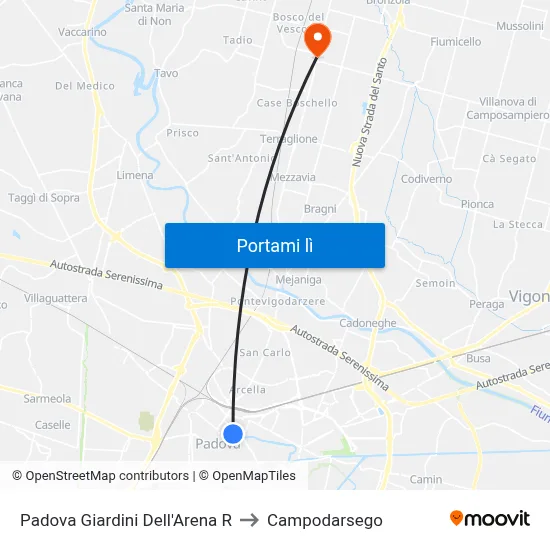 Padova Giardini Dell'Arena R to Campodarsego map