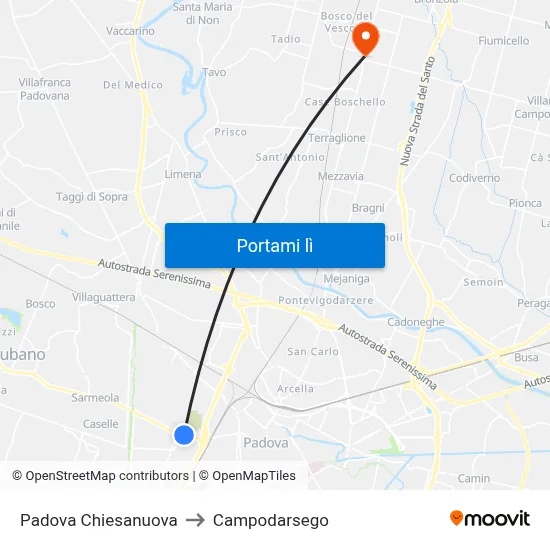 Padova Chiesanuova to Campodarsego map