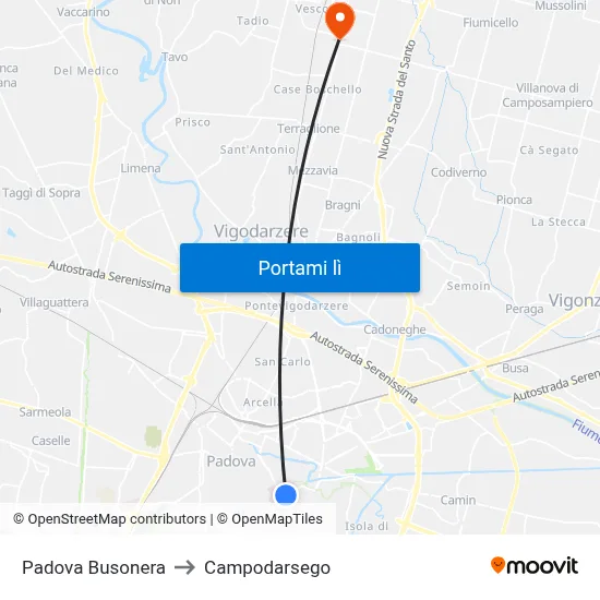 Padova Busonera to Campodarsego map