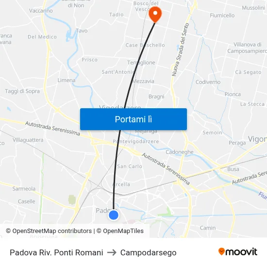 Padova Riv. Ponti Romani to Campodarsego map