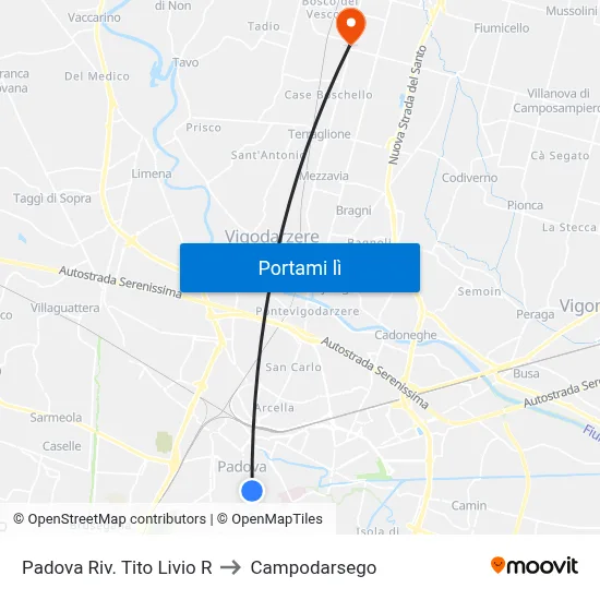Padova Riv. Tito Livio R to Campodarsego map