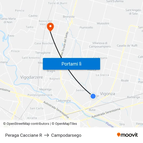 Peraga Cacciane R to Campodarsego map