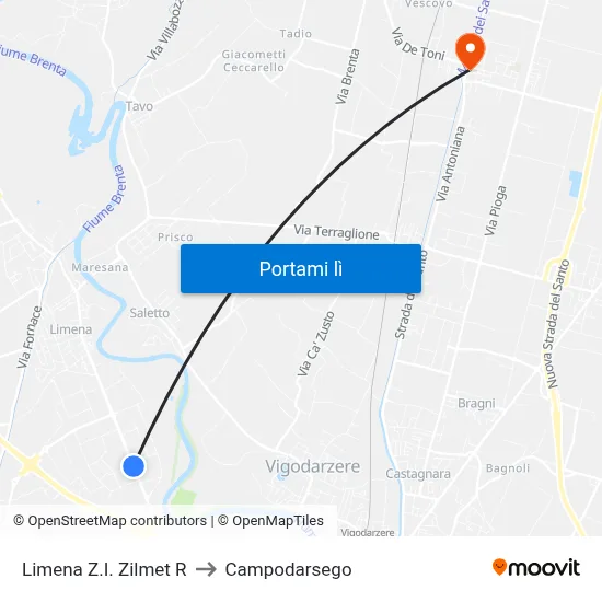 Limena Z.I. Zilmet R to Campodarsego map
