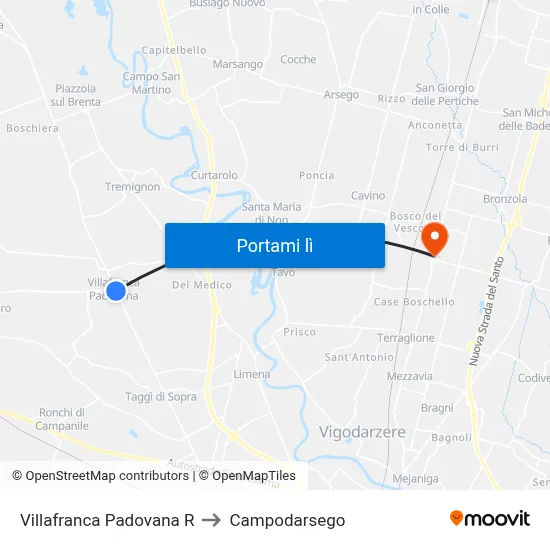 Villafranca Padovana R to Campodarsego map