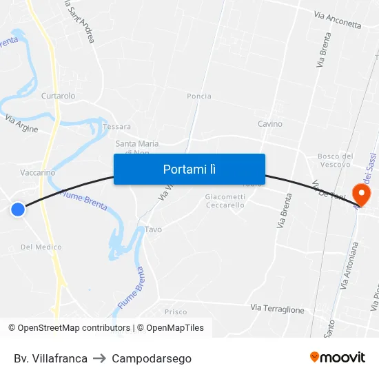 Bv. Villafranca to Campodarsego map