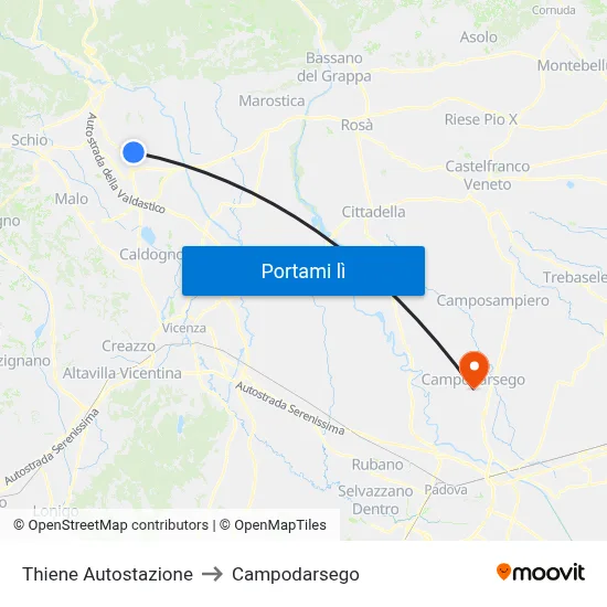 Thiene Autostazione to Campodarsego map