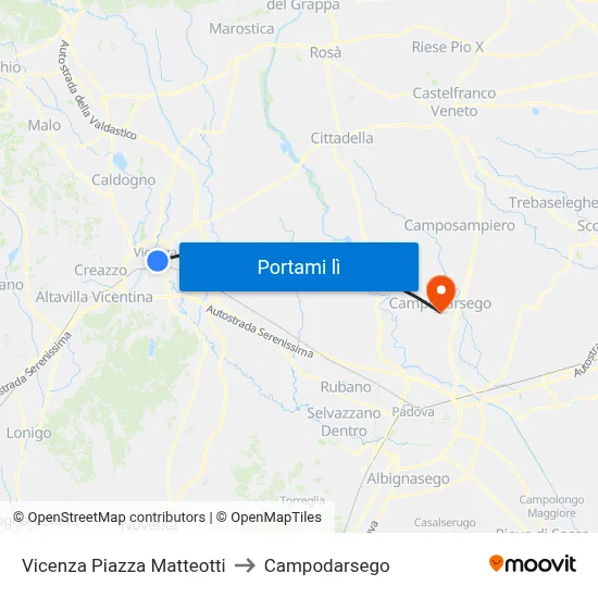 Vicenza Piazza Matteotti to Campodarsego map