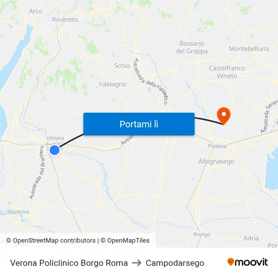 Verona Policlinico Borgo Roma to Campodarsego map