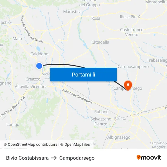Bivio Costabissara to Campodarsego map