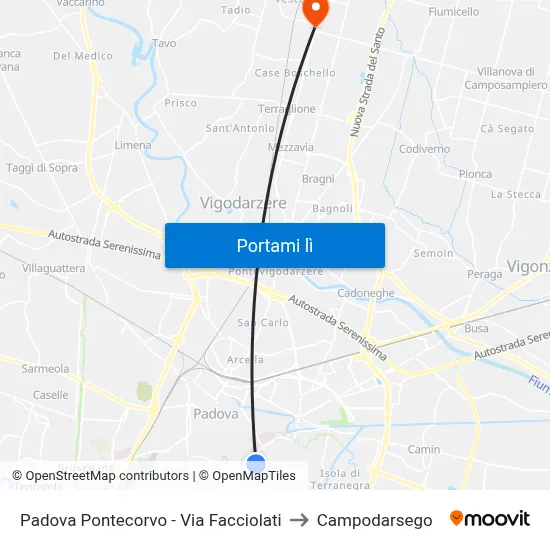 Padova Pontecorvo - Via Facciolati to Campodarsego map