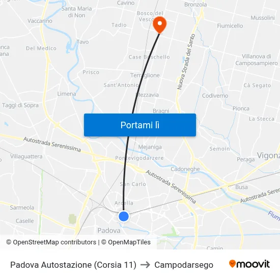 Padova Autostazione (Corsia 11) to Campodarsego map