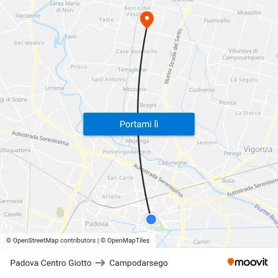 Padova Centro Giotto to Campodarsego map