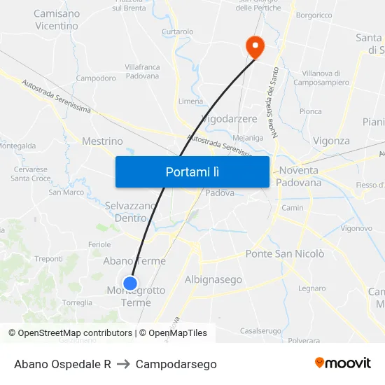 Abano Ospedale R to Campodarsego map