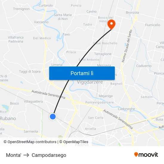 Monta' to Campodarsego map