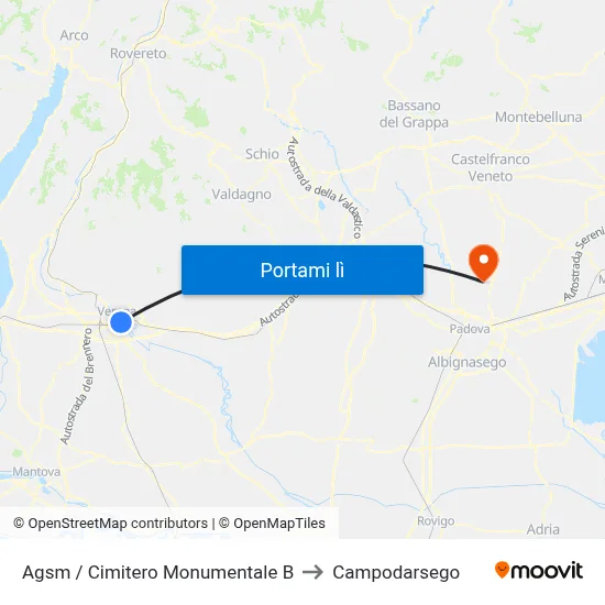 Agsm / Cimitero Monumentale B to Campodarsego map