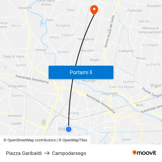 Piazza Garibaldi to Campodarsego map