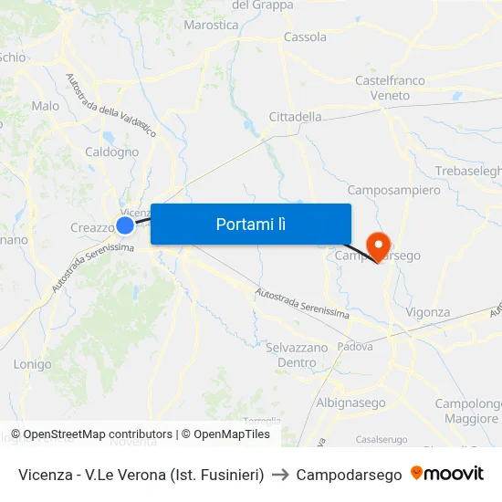 Vicenza - V.Le Verona (Ist. Fusinieri) to Campodarsego map