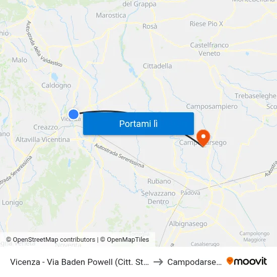 Vicenza - Via Baden Powell (Citt. Studi) to Campodarsego map