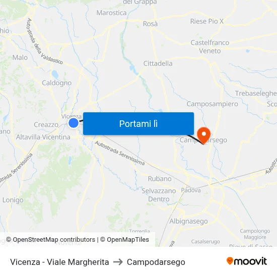 Vicenza - Viale Margherita to Campodarsego map
