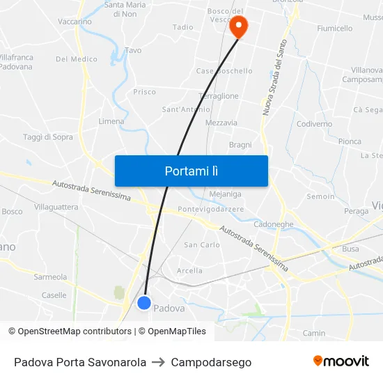 Padova Porta Savonarola to Campodarsego map