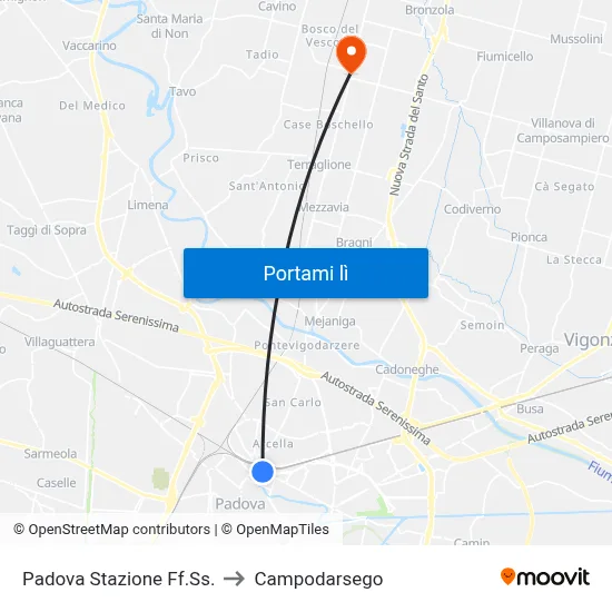 Padova Stazione Ff.Ss. to Campodarsego map