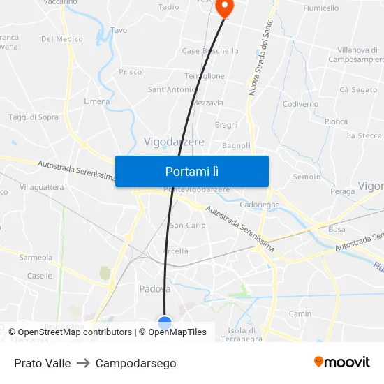 Prato Valle to Campodarsego map