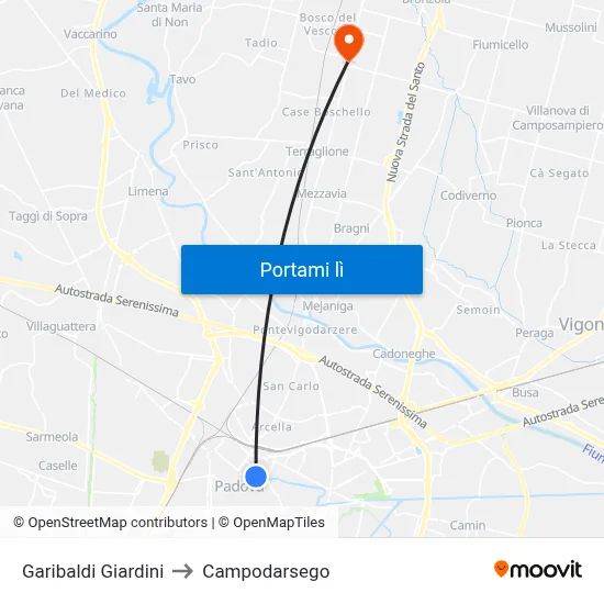 Garibaldi Giardini to Campodarsego map