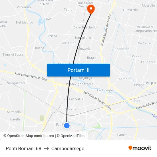 Ponti Romani 68 to Campodarsego map